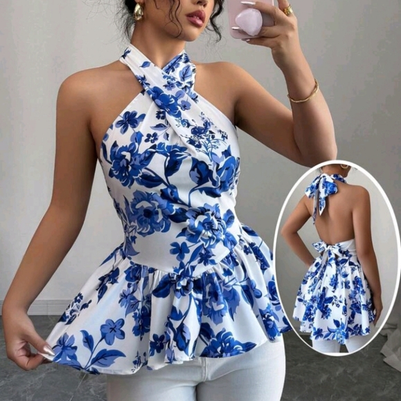 Tops - Neck Tie Bowknot Blue Printed Blouse